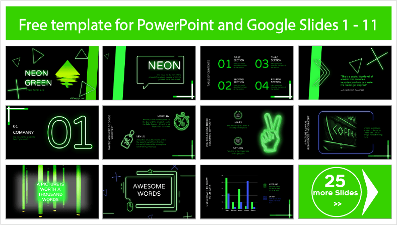Modelos verdes de néon para download gratuito para PowerPoint e Google Slides.