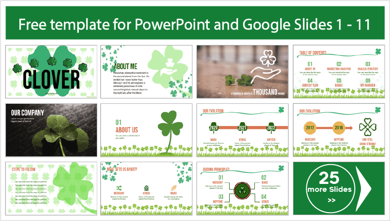 Modelos gratuitos do Clover para download para PowerPoint e Google Slides.