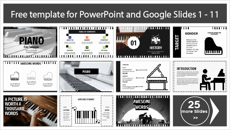 Descarregar gratuitamente modelos PowerPoint de Piano e temas Google Slides.
