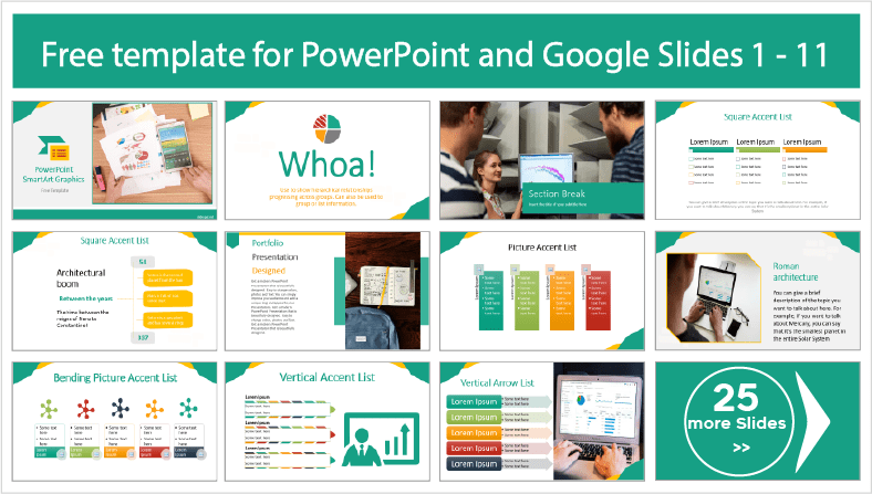 Modelos de gráficos SmartArt para PowerPoint e Google Slides que podem ser descarregados gratuitamente.