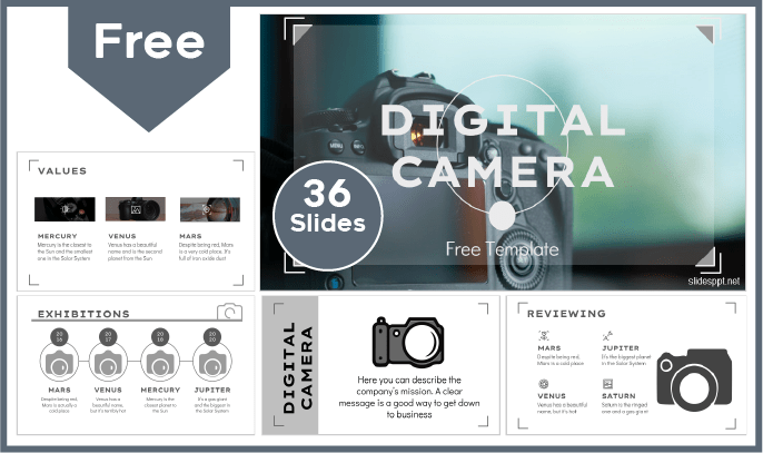 Modèle gratuit d'appareil photo numérique pour PowerPoint et Google Slides.