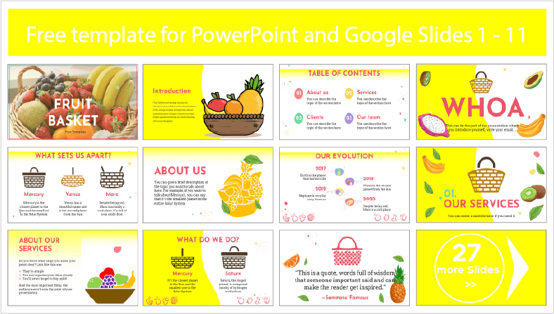 Kostenlose Vorlagen für Obstkörbe zum Herunterladen in PowerPoint und Google Slides.