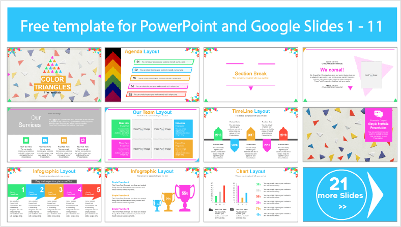 Laden Sie kostenlose Vorlagen im Stil von Coloured Triangles für PowerPoint und Google Slides herunter.