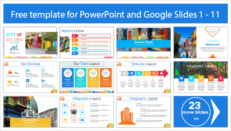 Descarregar gratuitamente os modelos PowerPoint estilo Cidade Colorida e os temas Google Slides.