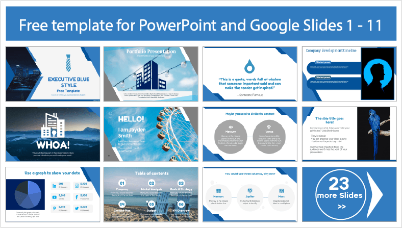 Laden Sie kostenlose blaue PowerPoint-Vorlagen und Google Slides-Designs für Führungskräfte herunter.