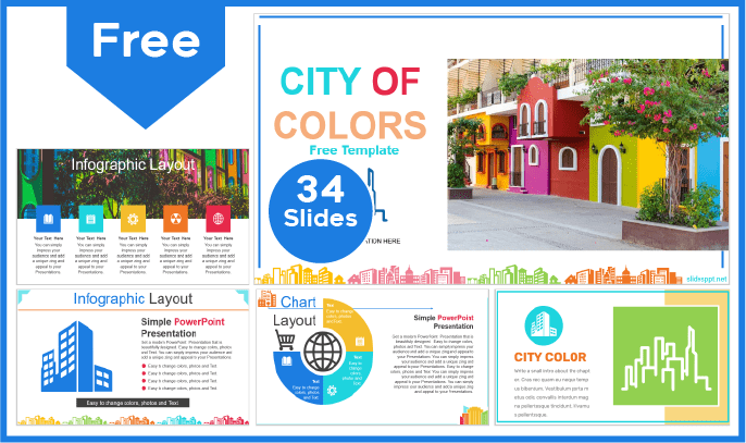 Modelo gratuito estilo Cidade Colorida para PowerPoint e Google Slides.
