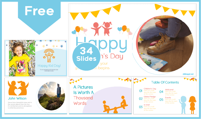 Modelo de Feliz Dia das Crianças grátis para PowerPoint e Google Slides.