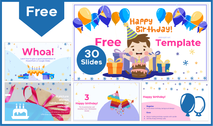 Modelo de aniversário infantil gratuito para PowerPoint e Google Slides.