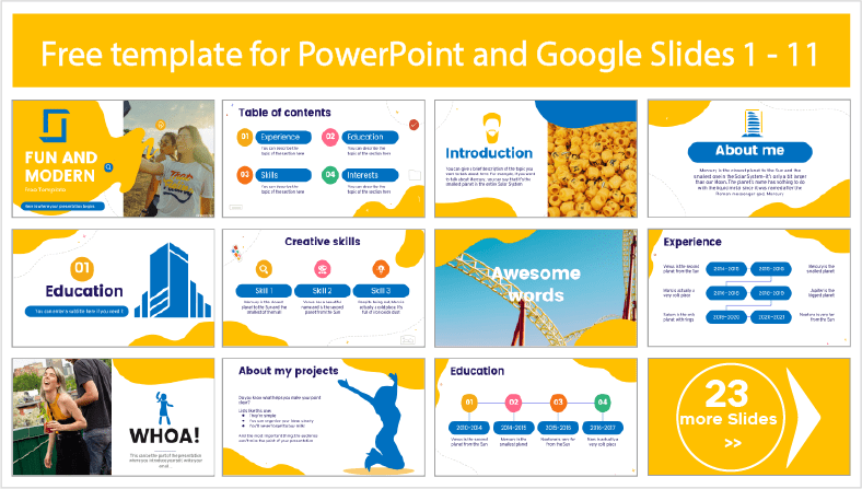 Fun and Modern style templates for free download in PowerPoint and Google Slides themes.