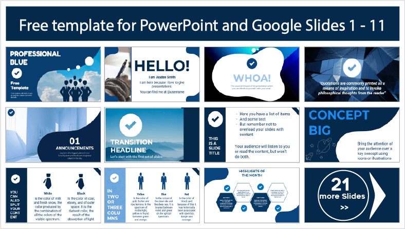 Descarregar gratuitamente os modelos profissionais PowerPoint Azul Profissional e os temas Google Slides.