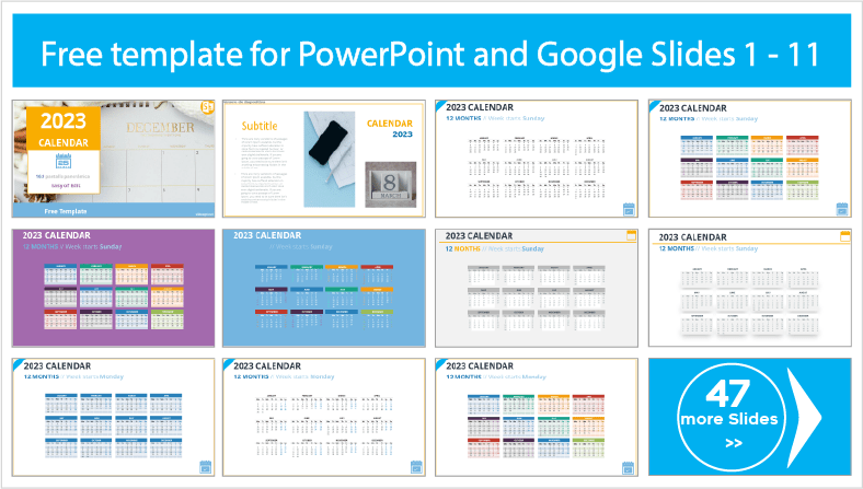 Descargar gratis plantillas de Calendario 2023 para PowerPoint y temas Google Slides.