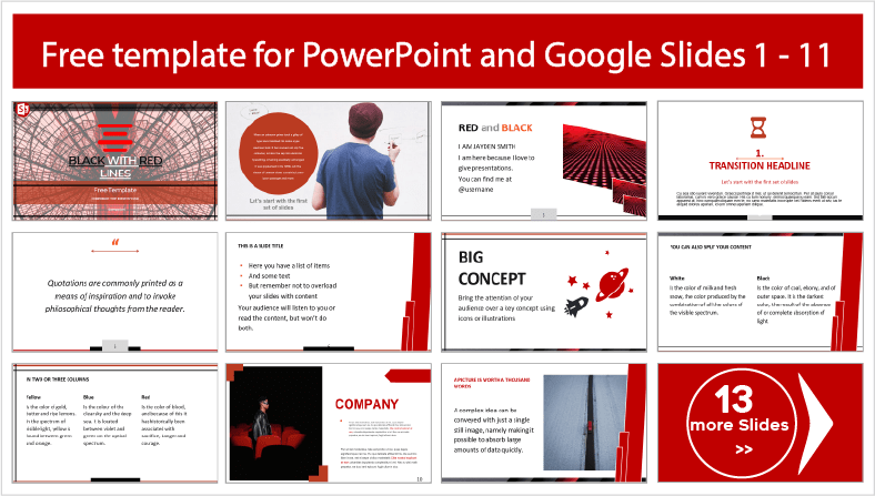 Laden Sie kostenlose Vorlagen im Stil von schwarzen und roten Linien für PowerPoint und Google Slides herunter.