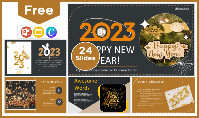 Modelo Feliz Ano Novo 2023 gratuito para PowerPoint e Google Slides.