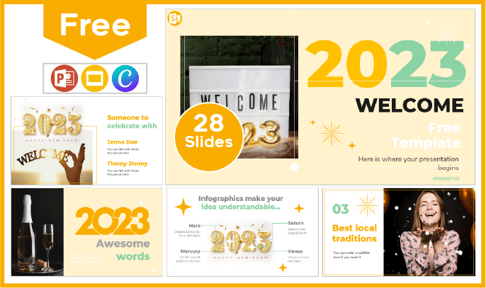 Free Welcome 2023 Template for PowerPoint and Google Slides.