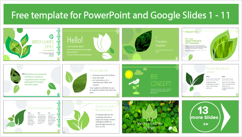 Descargar gratis plantillas estilo Hojas Verdes para PowerPoint y temas Google Slides.
