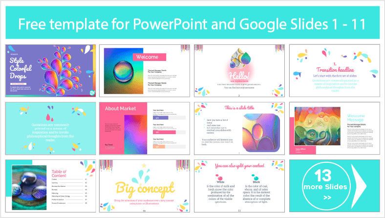 Laden Sie kostenlose Vorlagen im Stil von Colorful Droplets für PowerPoint- und Google Slides-Themen herunter.