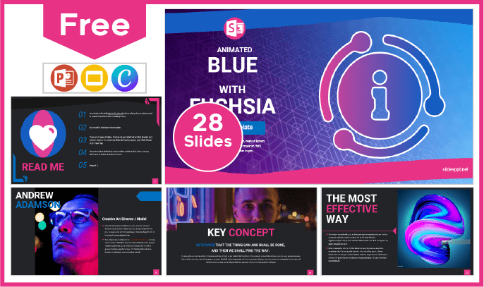 Modelo azul e fúcsia grátis para PowerPoint e Google Slides.