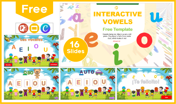 Modelo gratuito de vogais interativas para PowerPoint e Google Slides.
