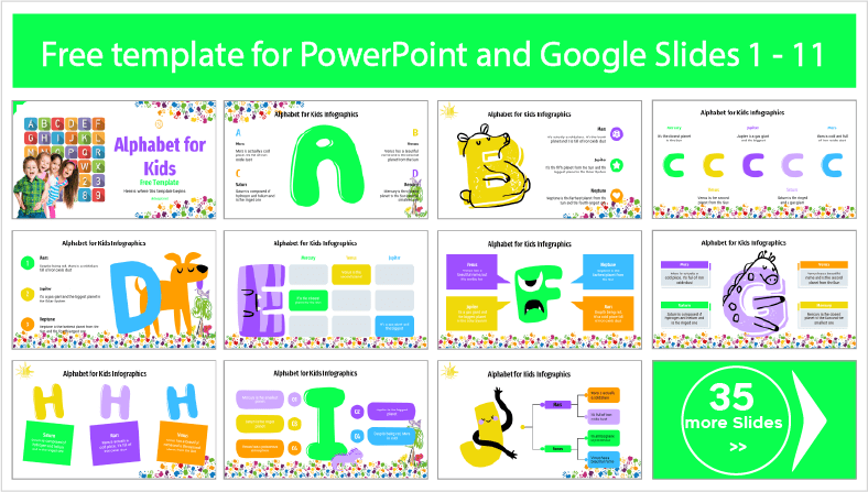 Free downloadable children's alphabet templates for PowerPoint and Google Slides themes.