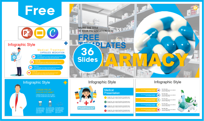 Modelo gratuito de farmácia para PowerPoint e Google Slides.