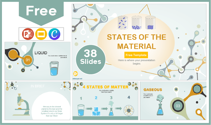 Modelo criativo e gratuito de Estados de Matéria para PowerPoint e Google Slides.