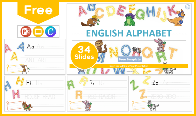 Free English alphabet template for PowerPoint and Google Slides.