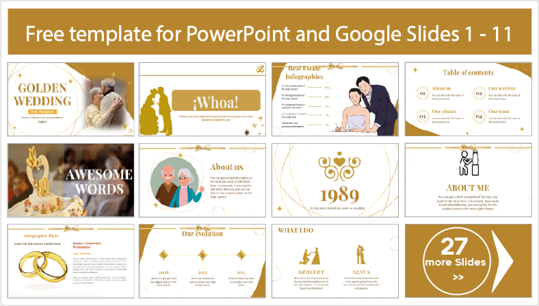 Free downloadable golden wedding templates for PowerPoint and Google Slides themes.